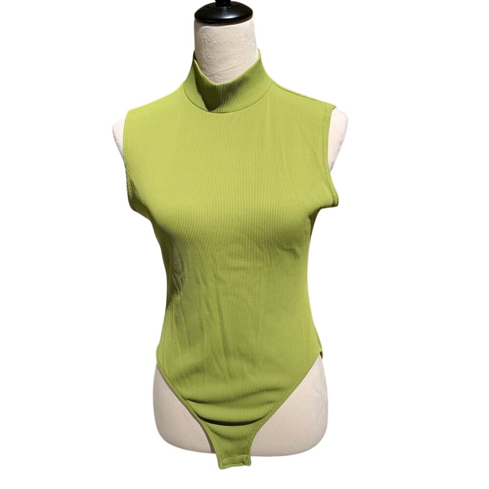 JONDEN. M. Lime Green sleeveless bodysuit. Buttons on bottom. Mock Turtle neck.